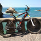 Noseless bike seat that is a prostate safe bike seat adorns an EMotion electric mountain bike on a Mediterranean shoreline!