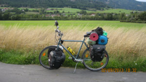 Noseless bike seat saddle on an incredibly equipped touring bike in Austria. Our prostate safe bike seat does it all!