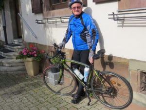 Noseless bike seat on an Orbea road bike keeps senior rider long and strong in the saddle somewhere in France! Prostate safe!